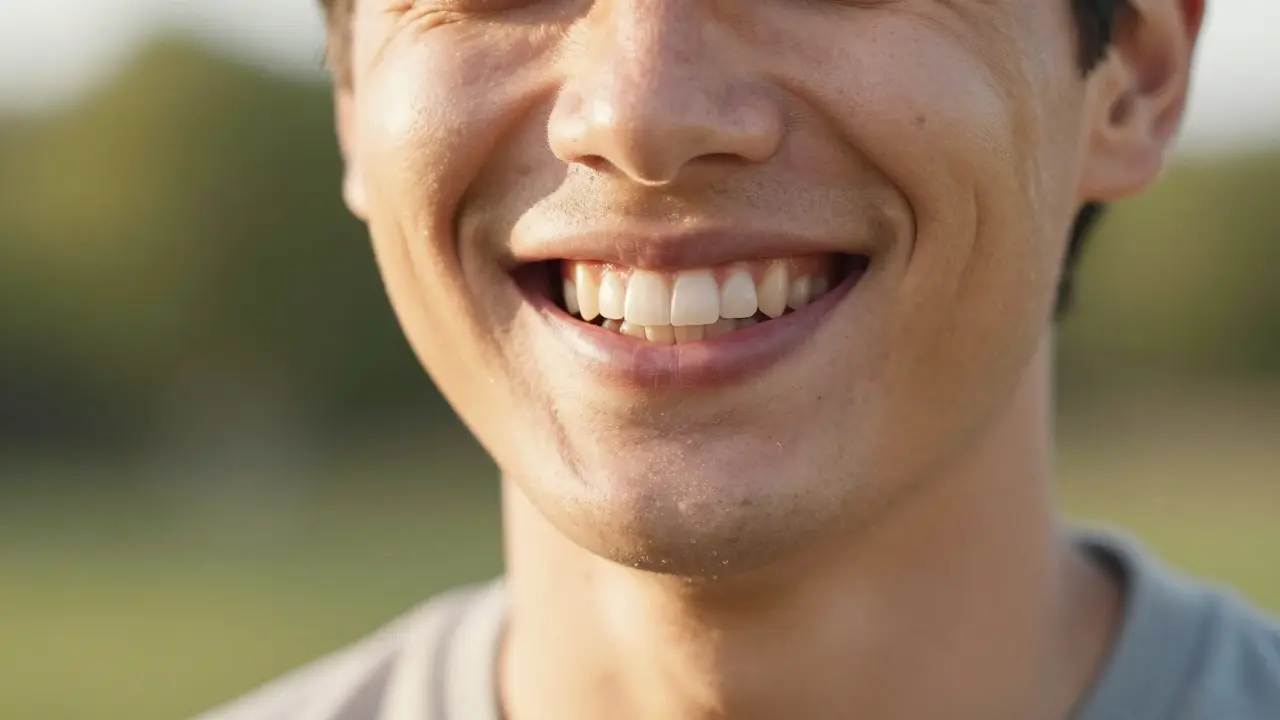 Krásný a přirozený úsměv sebevědomého člověka na slunečném venkovním pozadí.