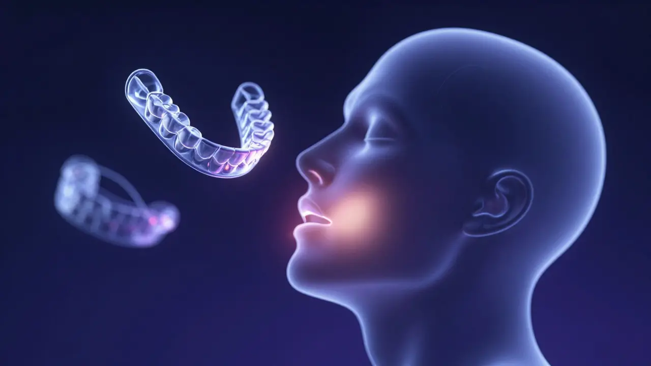 Kresba člověka během spánku s ochrannou dlahou proti skřípání zubů.