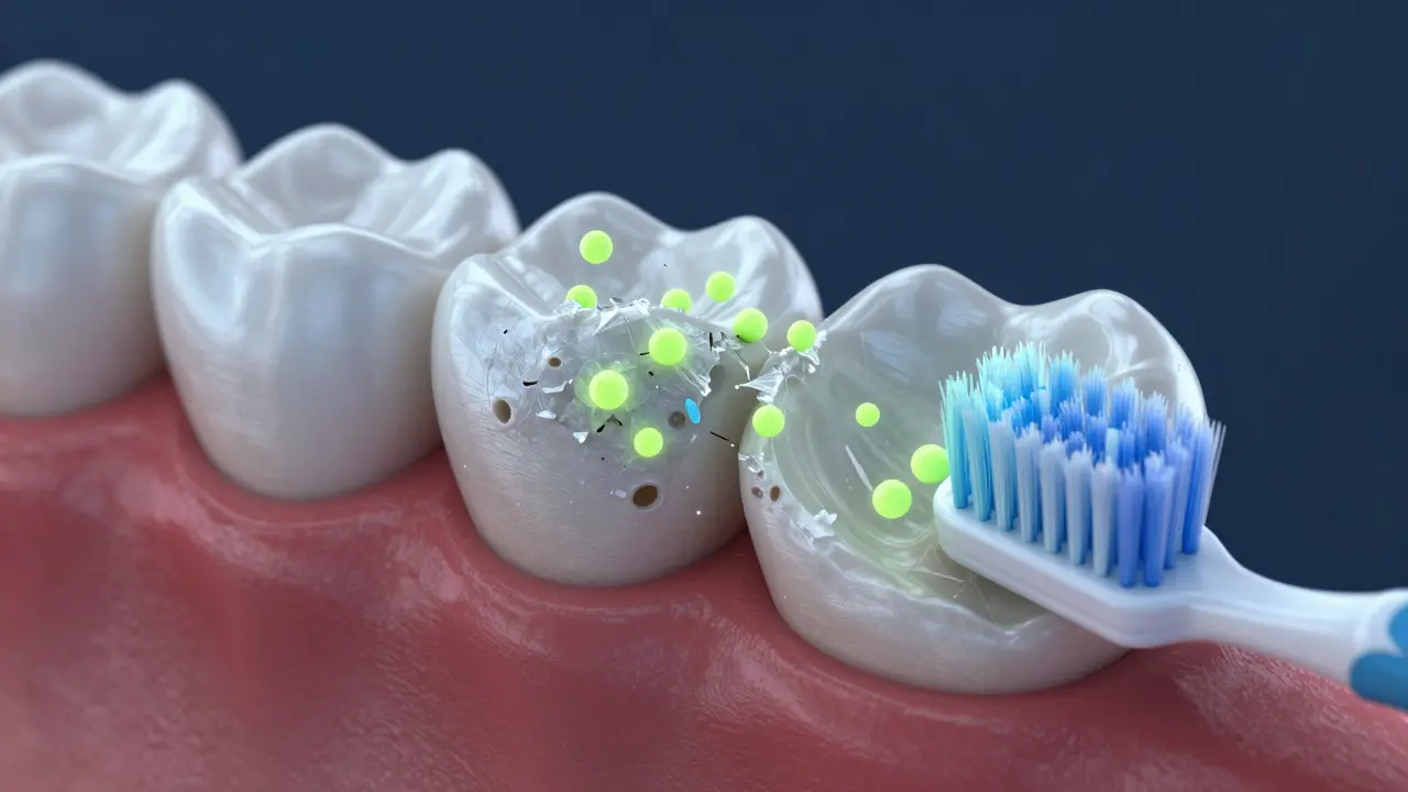 Mikroskopická 3D vizualizace kyselinového útoku na zubní sklovinu.