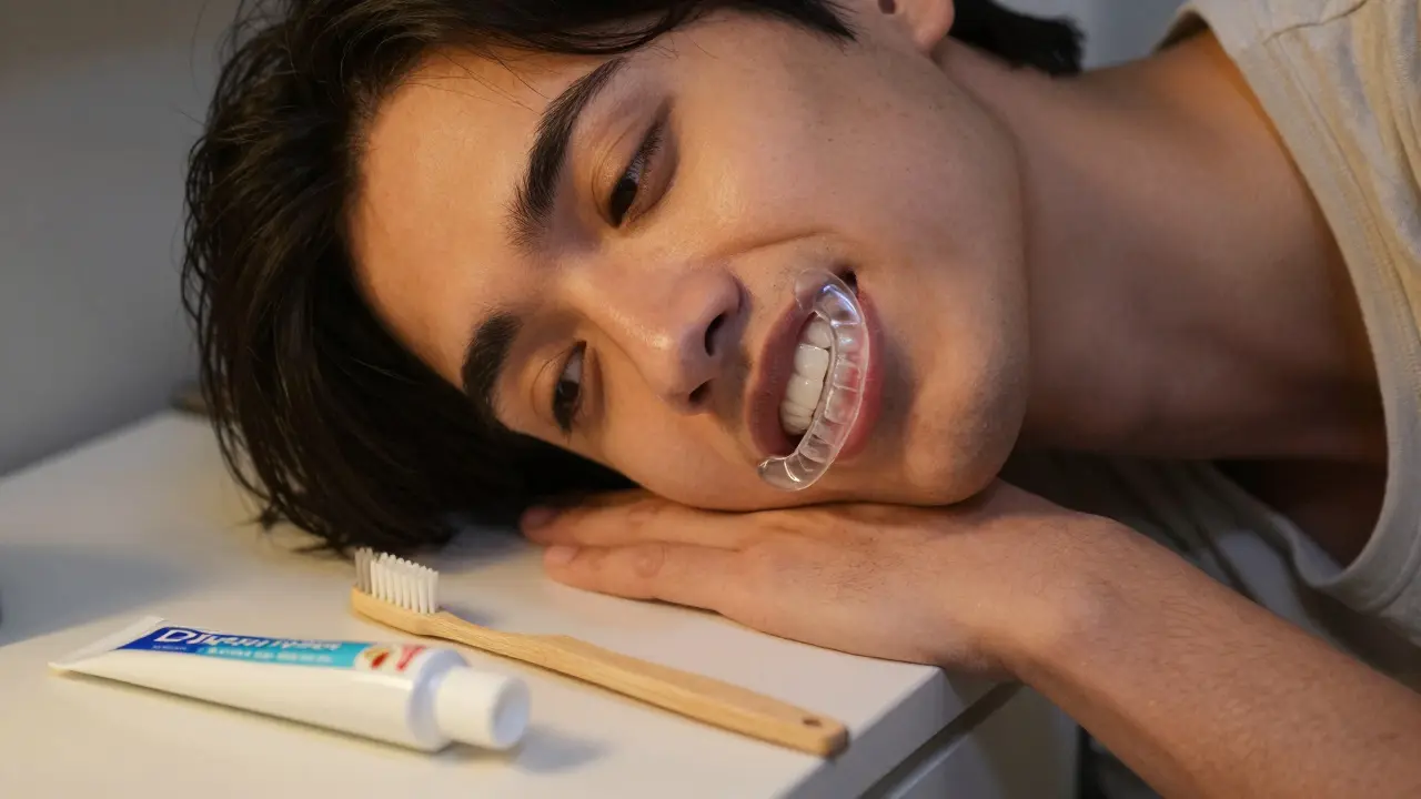 Noční dlaha a pomůcky pro dentální hygienu na nočním stolku.