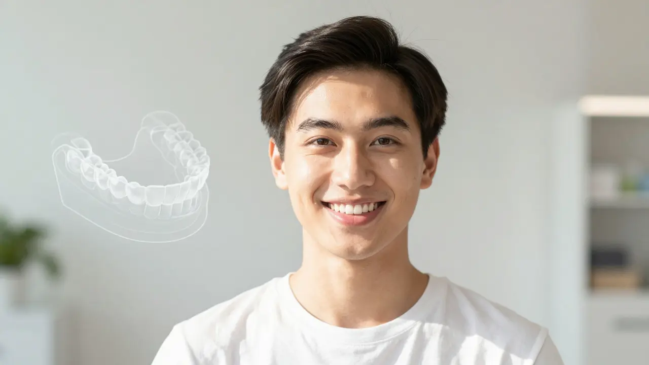 Portrét šťastného člověka s perfektním úsměvem po úspěšné léčbě.