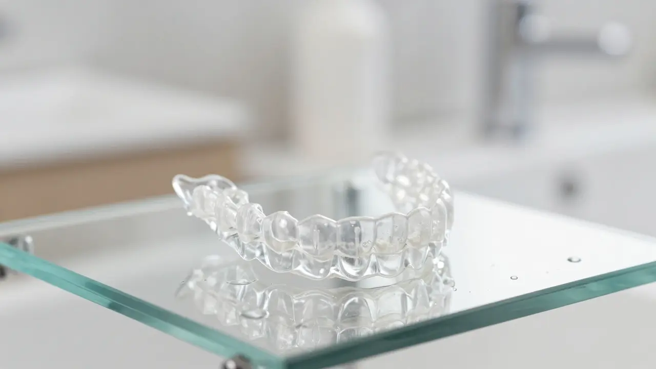 Průhledná retenční šina na skleněném povrchu v moderním koupelně.