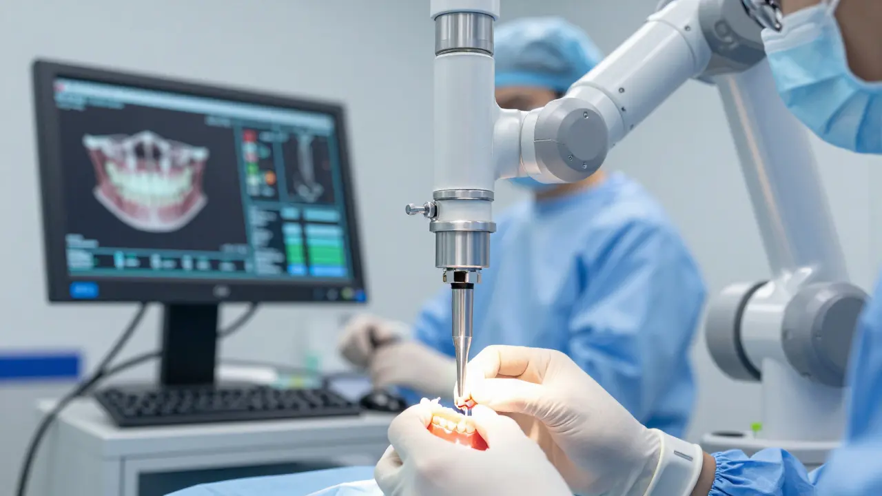 Robotické rameno provádí precizní zubní zákrok pod dozorem chirurga.