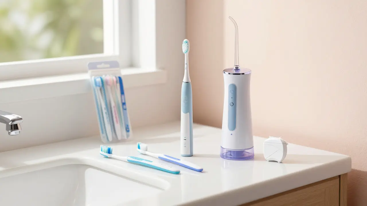 Sada pomůcek pro hygienu zubů včetně mezizubních kartáčků a irigátoru.