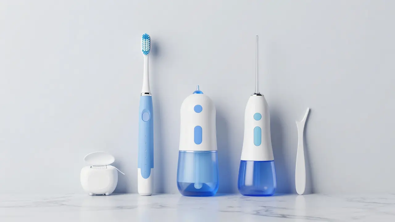 Sada pomůcek pro komplexní dentální hygienu na mramorovém povrchu