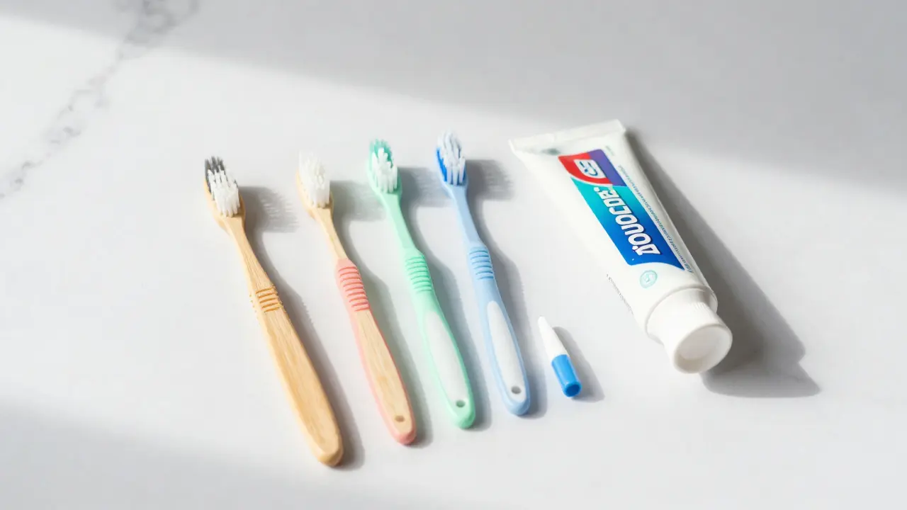 Sada pomůcek pro zubní hygienu včetně mezidinterdentálních kartáčků.