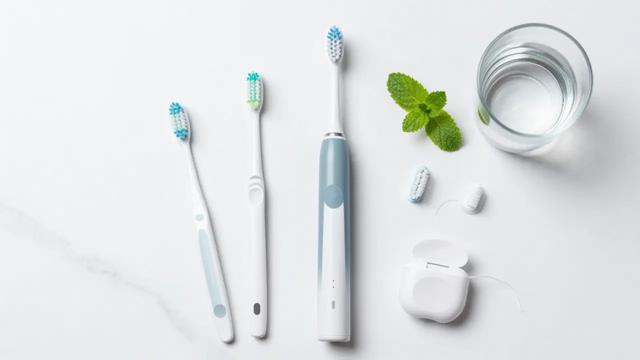 Sada pro dentální hygienu včetně elektrického kartáčku a mezizubního nitu na mramoru.