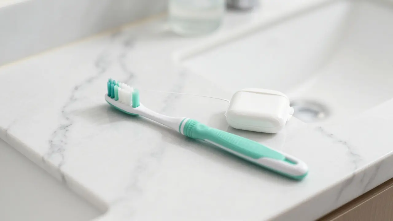 Sada pro mezizubní hygienu a úklid na mramorovém povrchu.