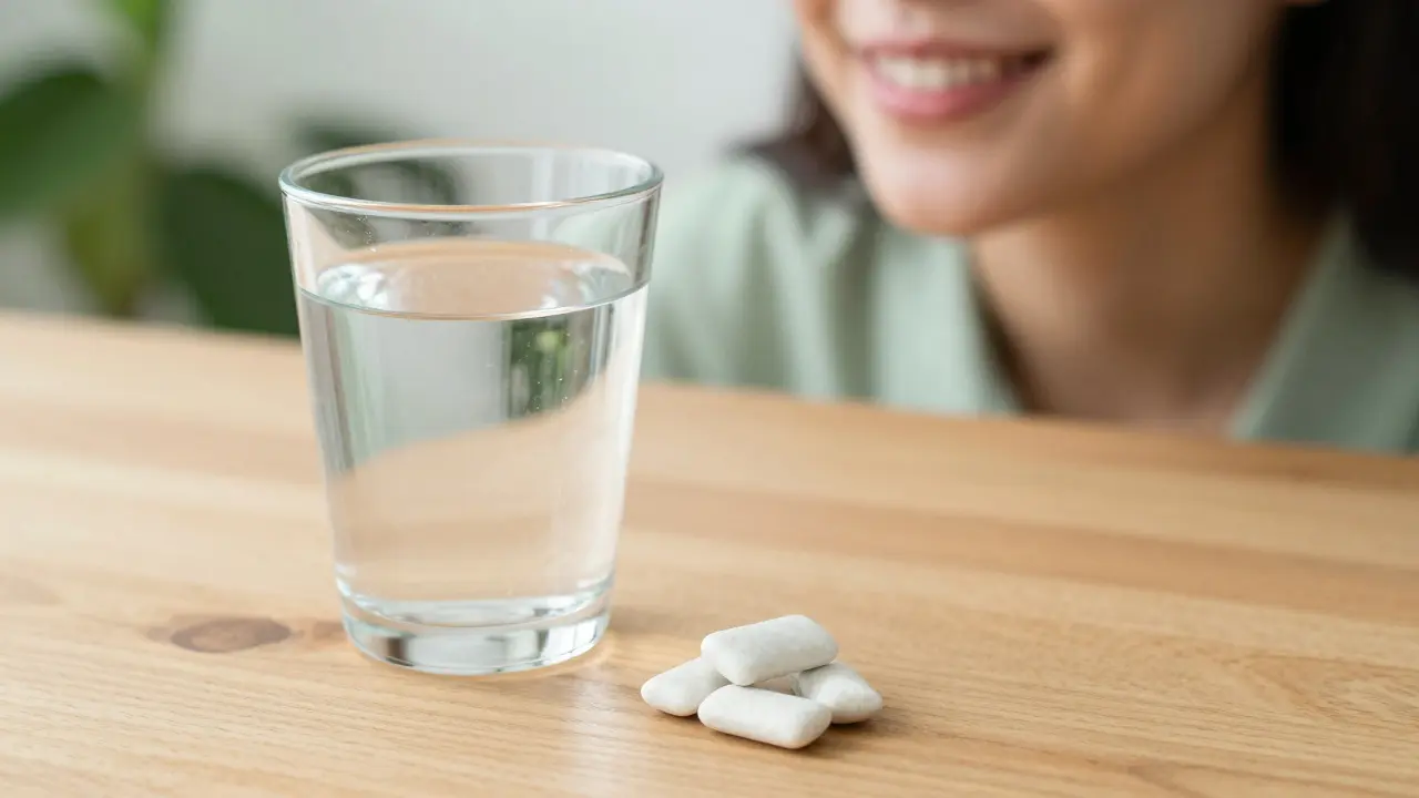 Sklenice čisté vody a bezcukrová žvýkačka jako bezpečná alternativa po jídle.