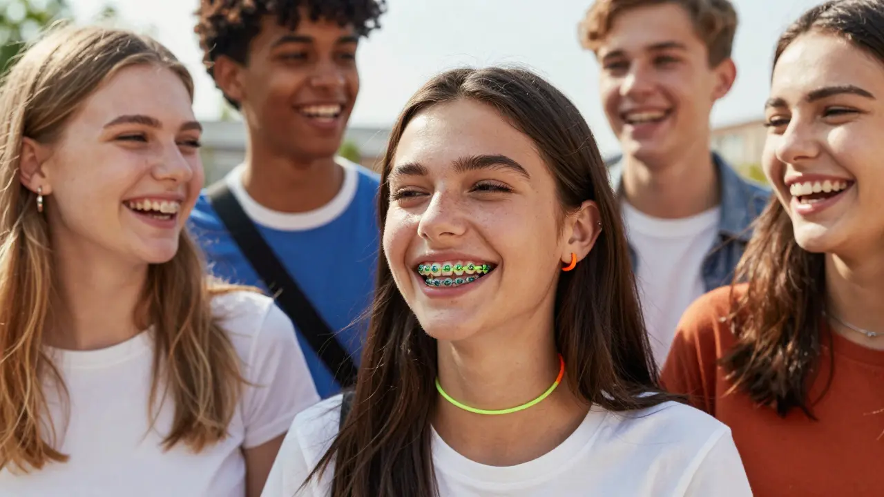 Smějící se teenager s neonovými barevnými gumičkami na rovnátkách.