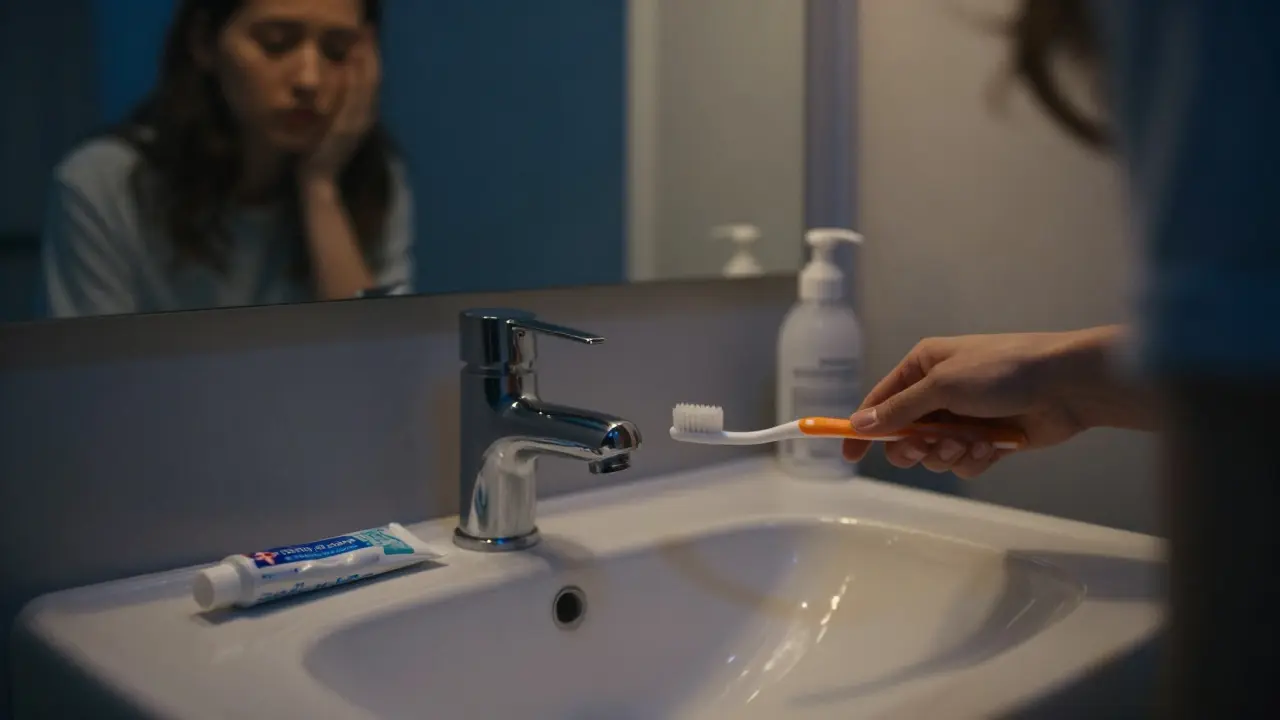 Smyčce v koupelně v noci s kartáčkem, symbolizující rozhodování o večerním čištění.