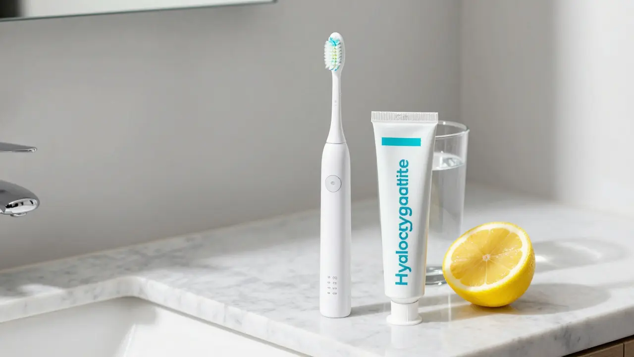 Sonický kartáček, fluoridová pasta a sklenice vody na mramorovém koupelnovém stole.