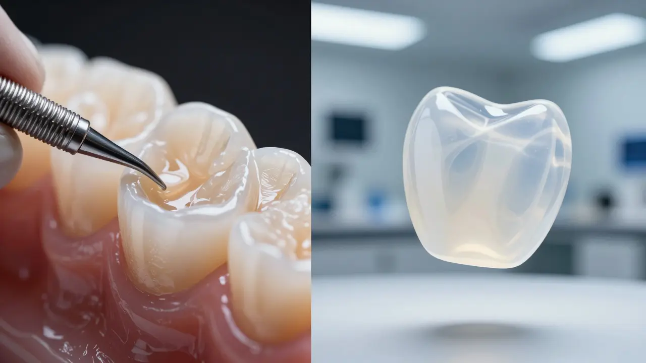 Srovnání detailu kompozitní fazety a průsvitné porcelánové fazety v laboratoři.