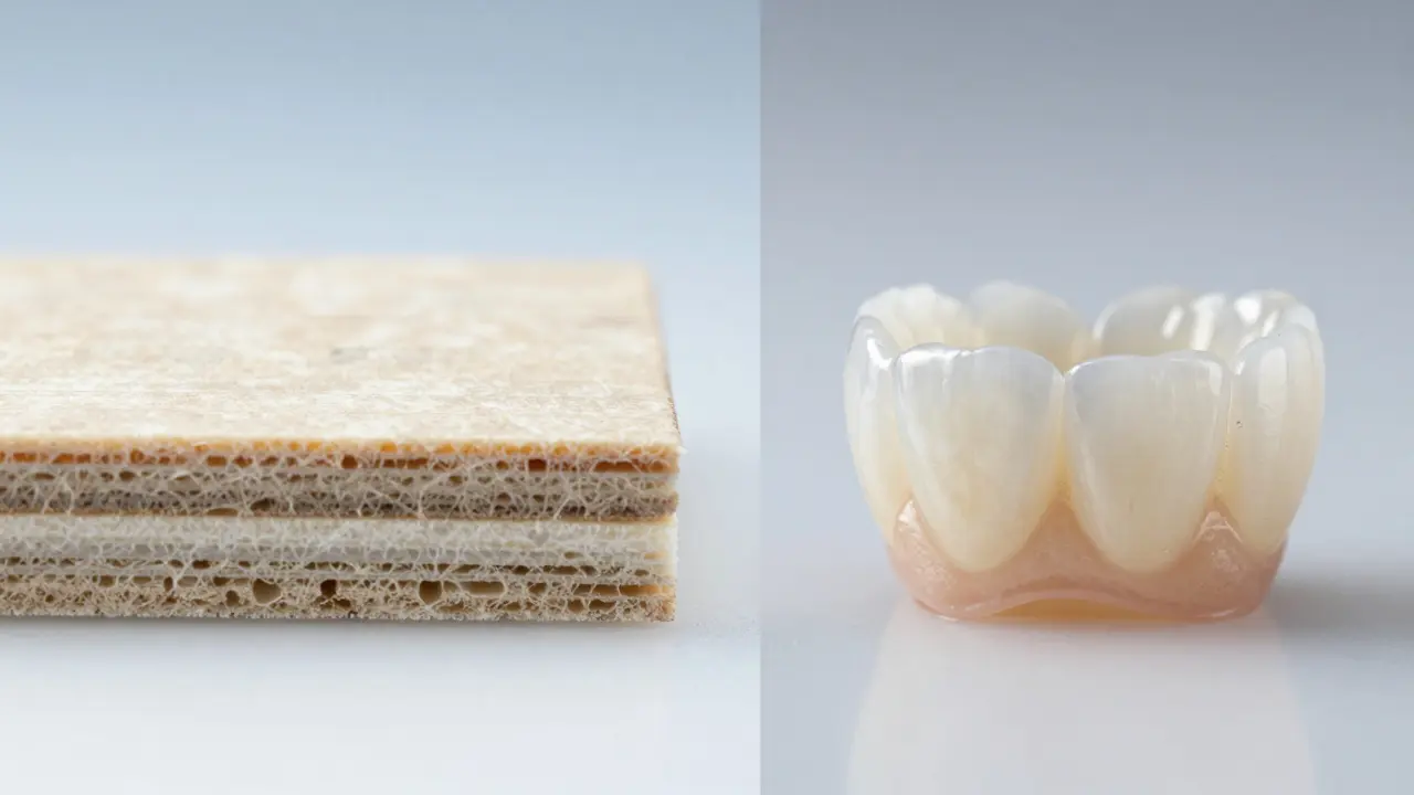 Srovnání textury a průsvitnosti kompozitní a keramické fazety v makro detailu.