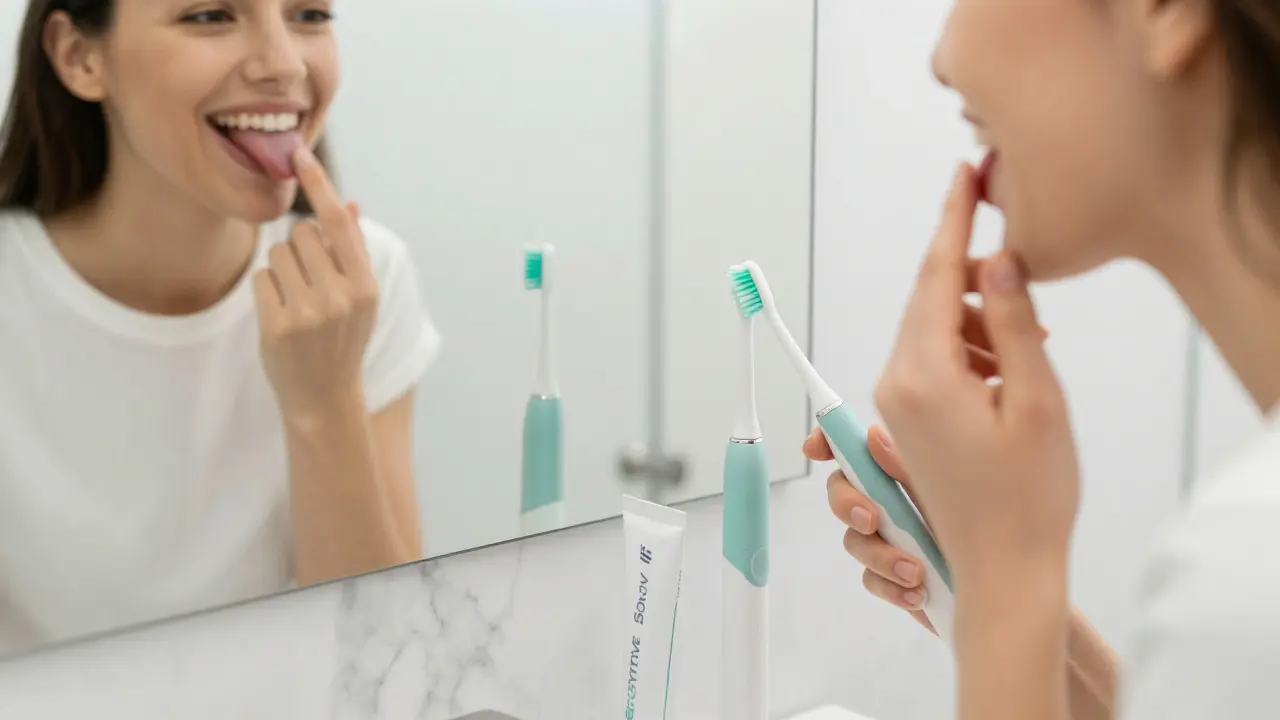 Šťastný člověk s čistým úsměvem u koupelnového zrcadla s elektrickým kartáčkem.