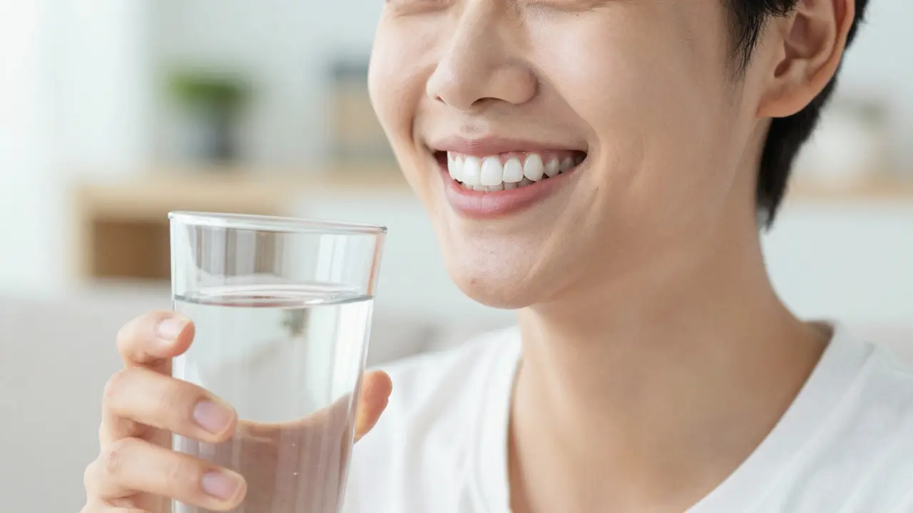 Zářivý a zdravý úsměv osoby s přirozeně bílými zuby.