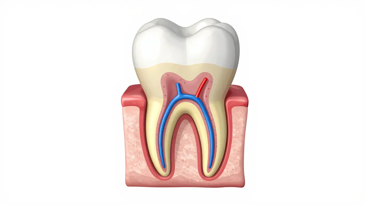 Anatomický průřez zubem ukazující email, dentin a pulpu