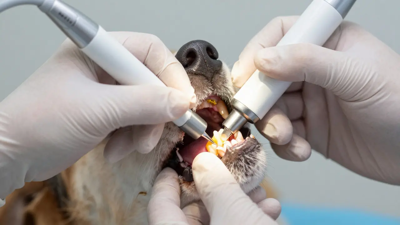 Detailní záběr čištění zubů psího kamene ultrazvukem u veterináře.