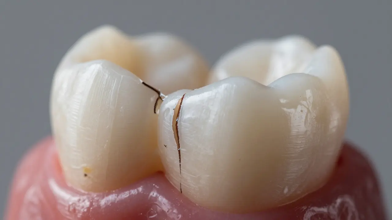 Detailní záběr praskliny na povrchu zuba s tmavou linií