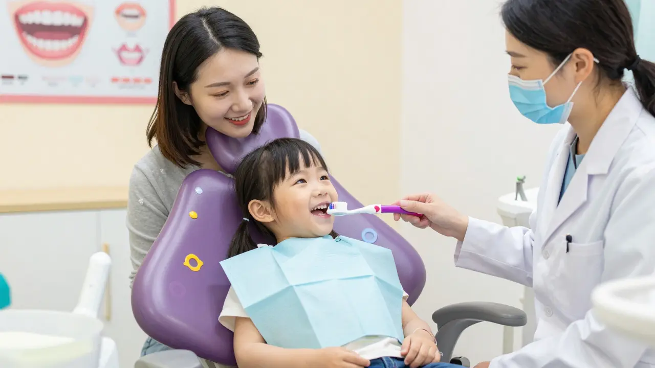 Pediatrický zubař učí malé dítě správné čištění zubů