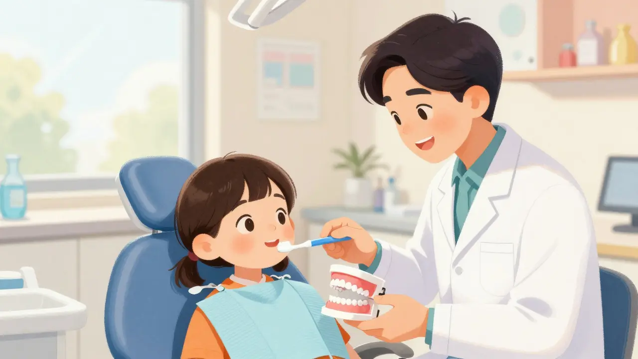 Přátelský stomatolog vysvětluje hygienu dítěti