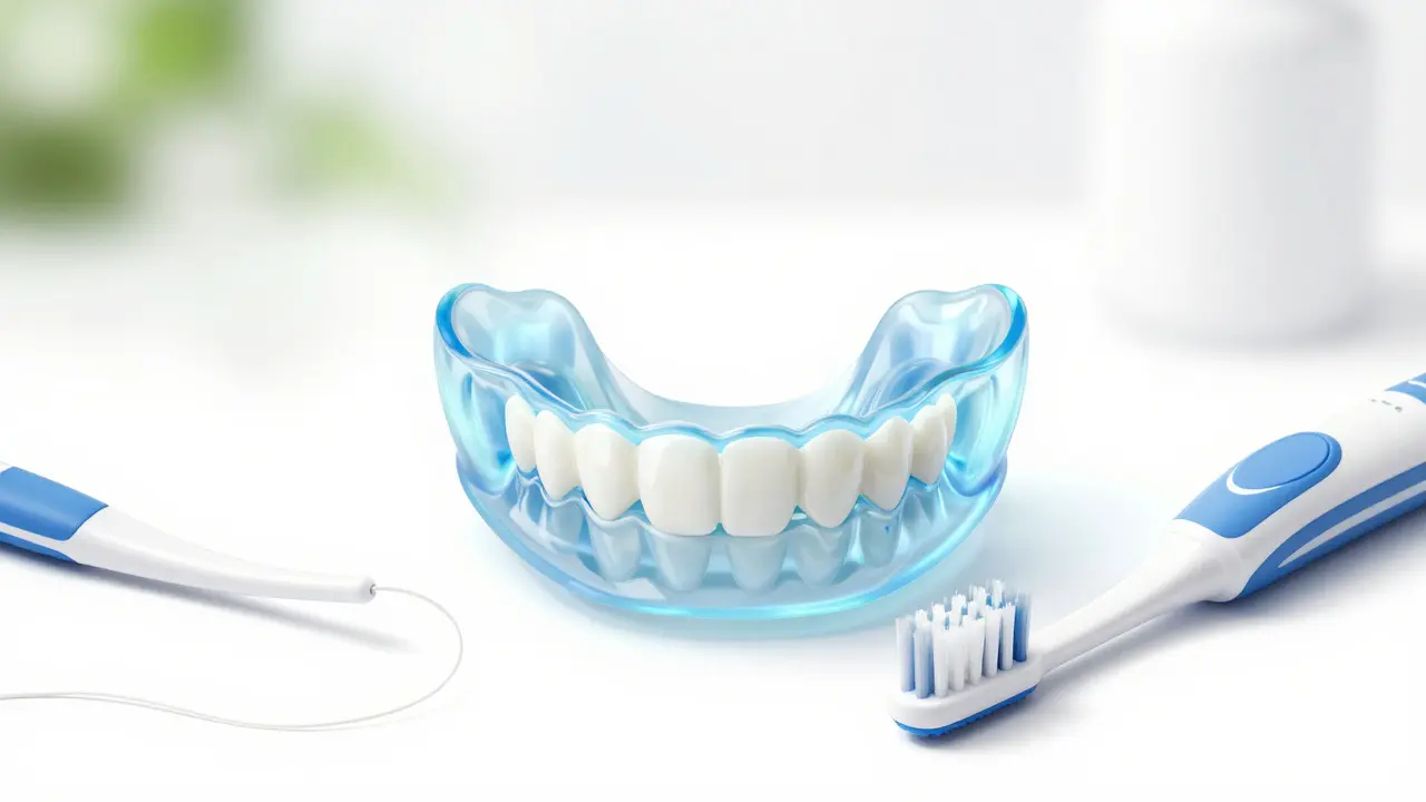 Symbolická ochrana zubů noční chráničkou a hygienickými potřebami